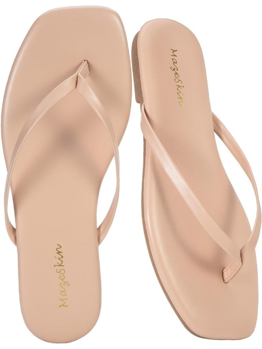 Women's Beige Cushioned Square Toe Flat Memory Foam Thong Flip Flops Sandal